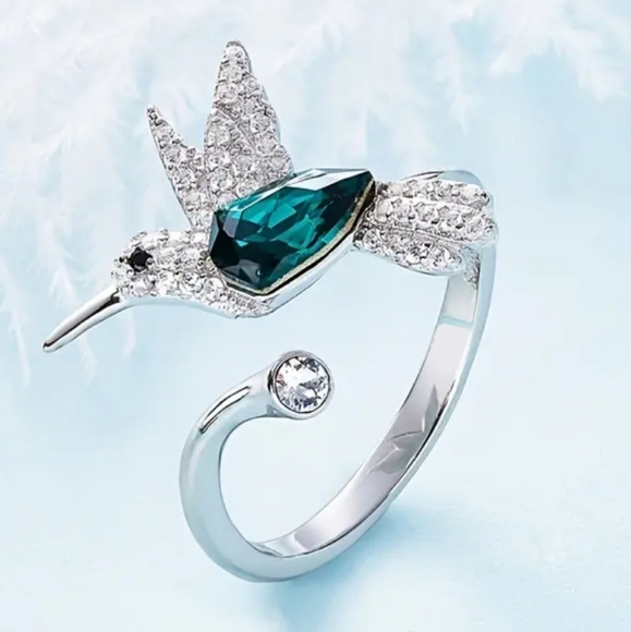 925 Sterling Silver Plated Alloy CZ Hummingbird Opens Ring - Picture 5 of 6